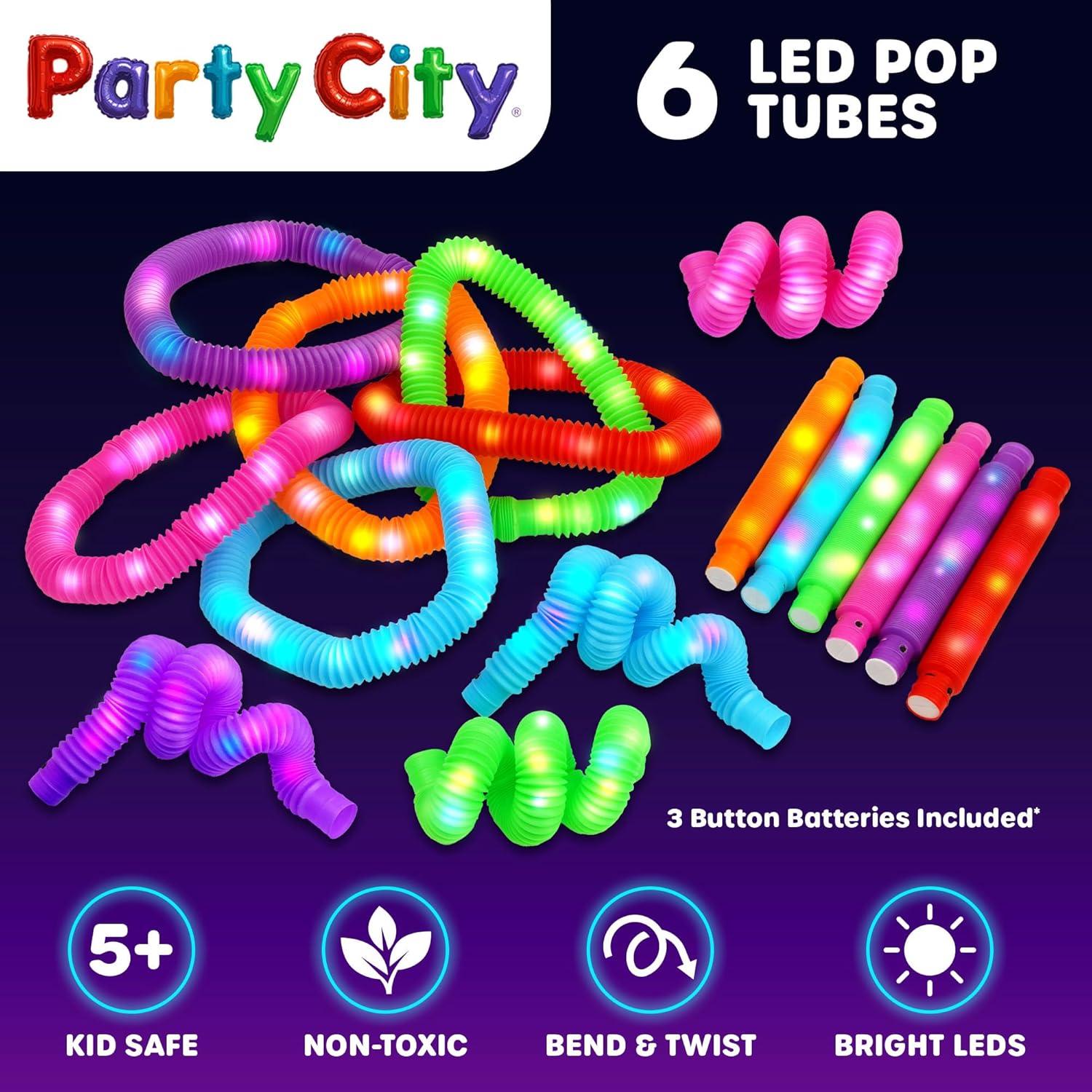 imageParty City 12pk LED Light Up Pop Tubes 25 3 Mode Stretchy Tubes LED Light Up Toys Bulk Glow Sticks Party Favors for Kids Necklaces Bracelets Neon Glow in the Dark Supplies Fidget Sensory Tube Pack6 pcs Glow Pop Tubes