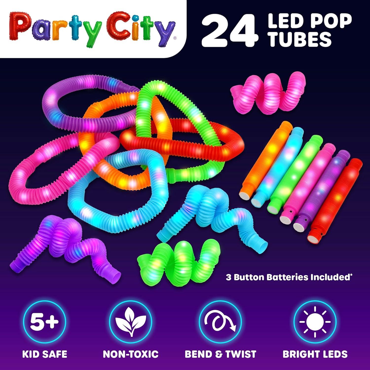 imageParty City 12pk LED Light Up Pop Tubes 25 3 Mode Stretchy Tubes LED Light Up Toys Bulk Glow Sticks Party Favors for Kids Necklaces Bracelets Neon Glow in the Dark Supplies Fidget Sensory Tube Pack24 pcs Glow Pop Tubes
