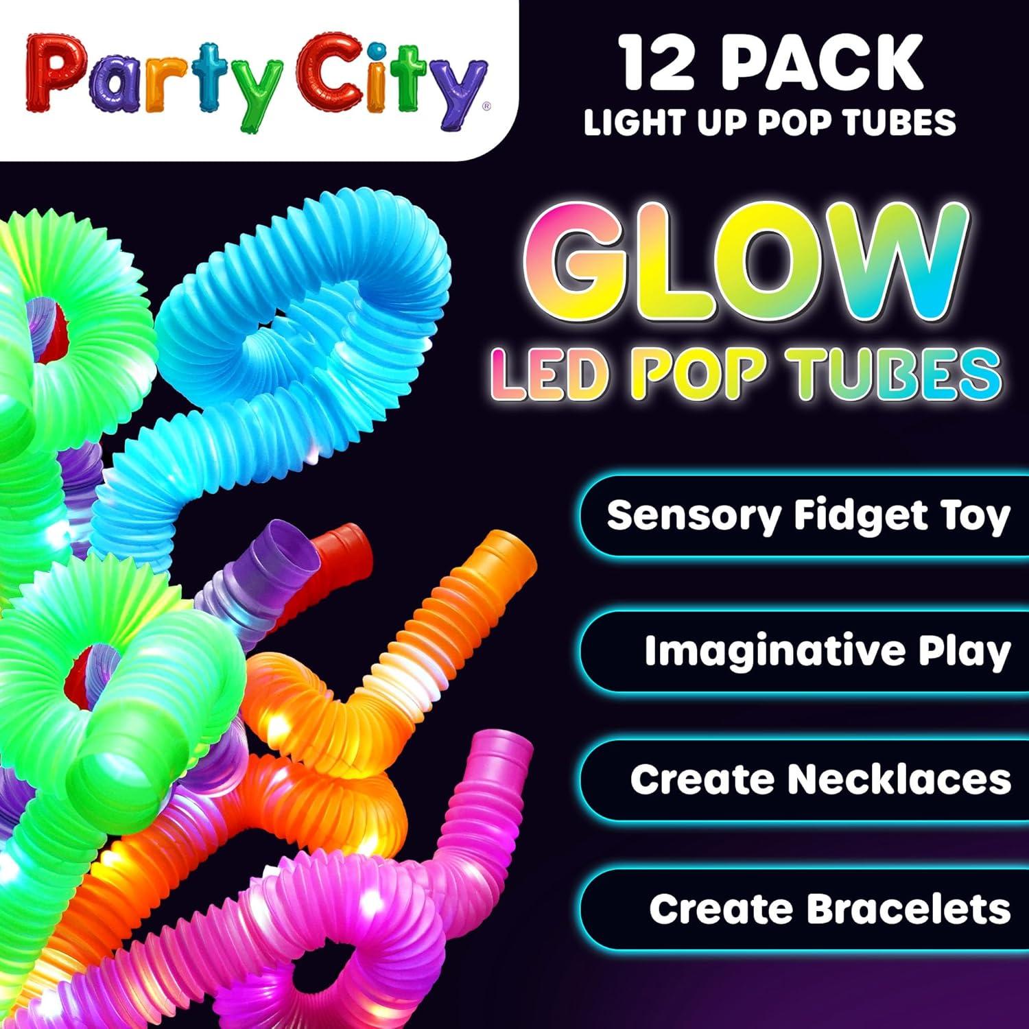 imageParty City 12pk LED Light Up Pop Tubes 25 3 Mode Stretchy Tubes LED Light Up Toys Bulk Glow Sticks Party Favors for Kids Necklaces Bracelets Neon Glow in the Dark Supplies Fidget Sensory Tube Pack12 pcs Glow Pop Tubes