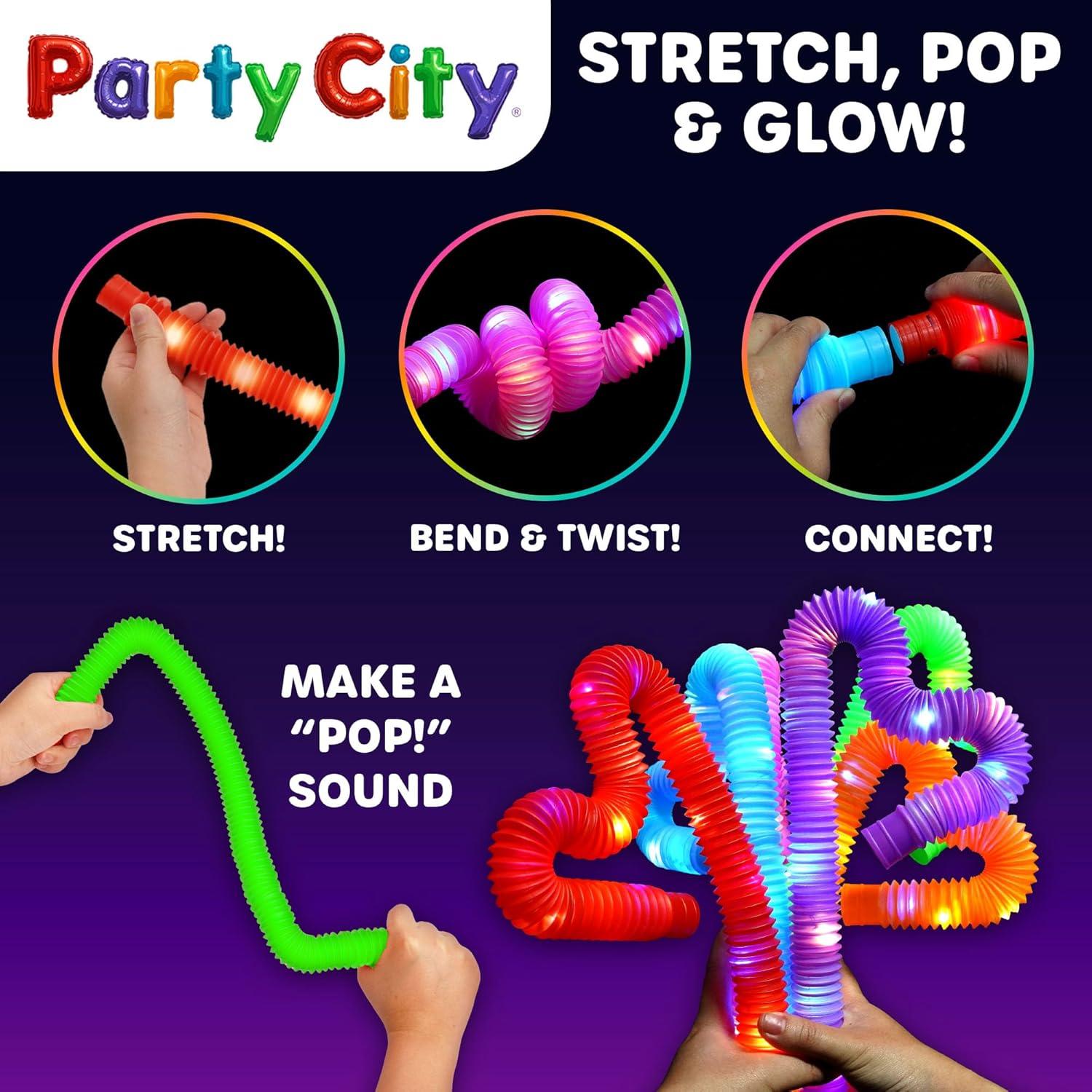 imageParty City 12pk LED Light Up Pop Tubes 25 3 Mode Stretchy Tubes LED Light Up Toys Bulk Glow Sticks Party Favors for Kids Necklaces Bracelets Neon Glow in the Dark Supplies Fidget Sensory Tube Pack6 pcs Glow Pop Tubes