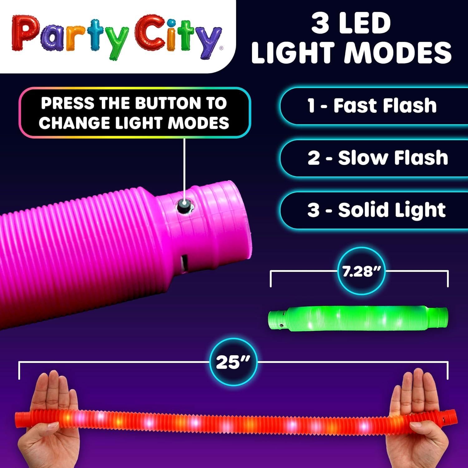 imageParty City 12pk LED Light Up Pop Tubes 25 3 Mode Stretchy Tubes LED Light Up Toys Bulk Glow Sticks Party Favors for Kids Necklaces Bracelets Neon Glow in the Dark Supplies Fidget Sensory Tube Pack24 pcs Glow Pop Tubes