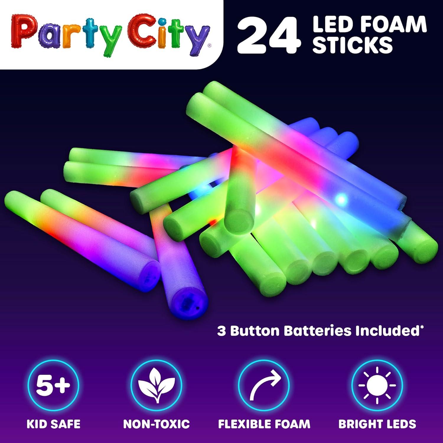 imageParty City 36pk LED Foam Glow Sticks 14 Glow in the Dark Party Supplies Favors Colorful Flashing Wand with 3 Modes Foam Light Up Sticks Bulk Party Pack for Wedding Birthday Concert HalloweenPack of 24 Foam Glow Sticks