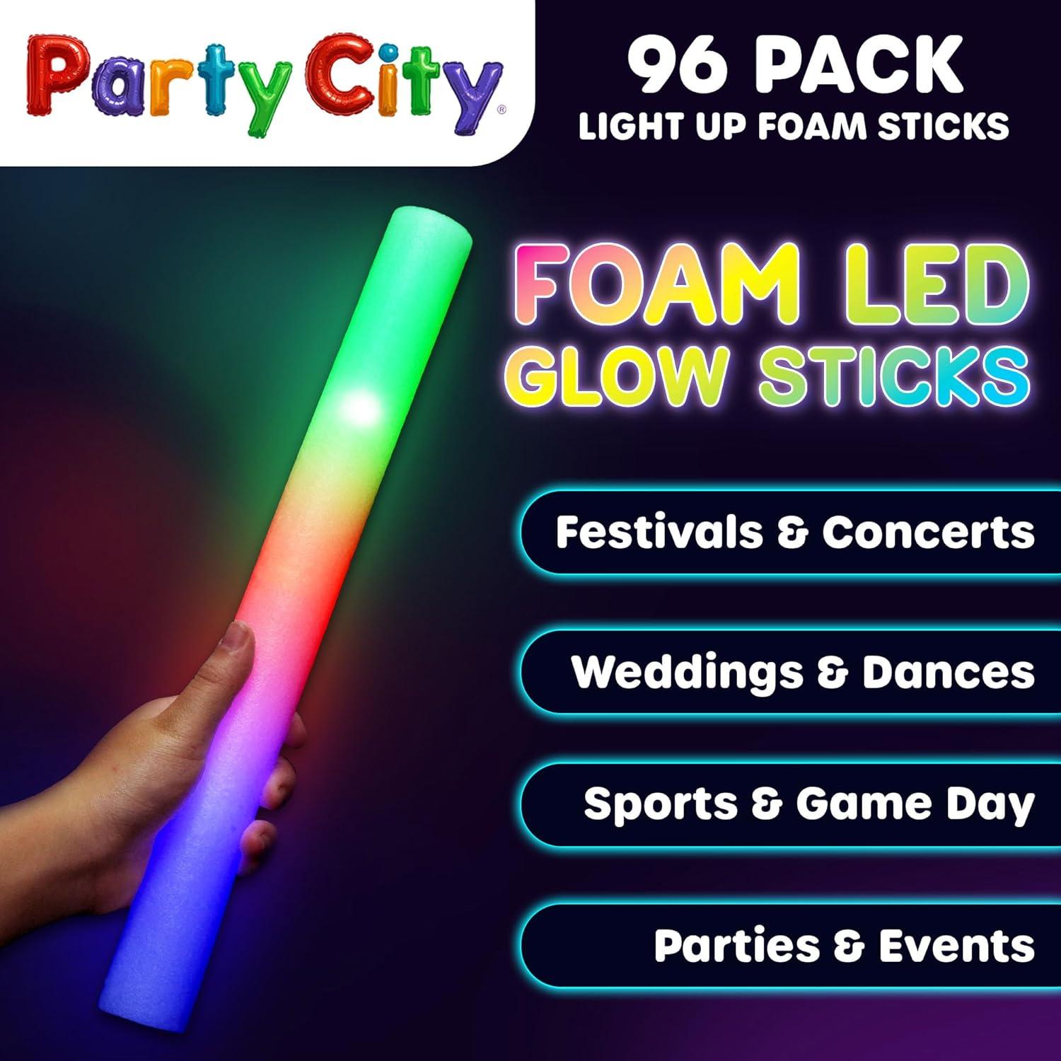 imageParty City 36pk LED Foam Glow Sticks 14 Glow in the Dark Party Supplies Favors Colorful Flashing Wand with 3 Modes Foam Light Up Sticks Bulk Party Pack for Wedding Birthday Concert HalloweenPack of 96 Foam Glow Sticks