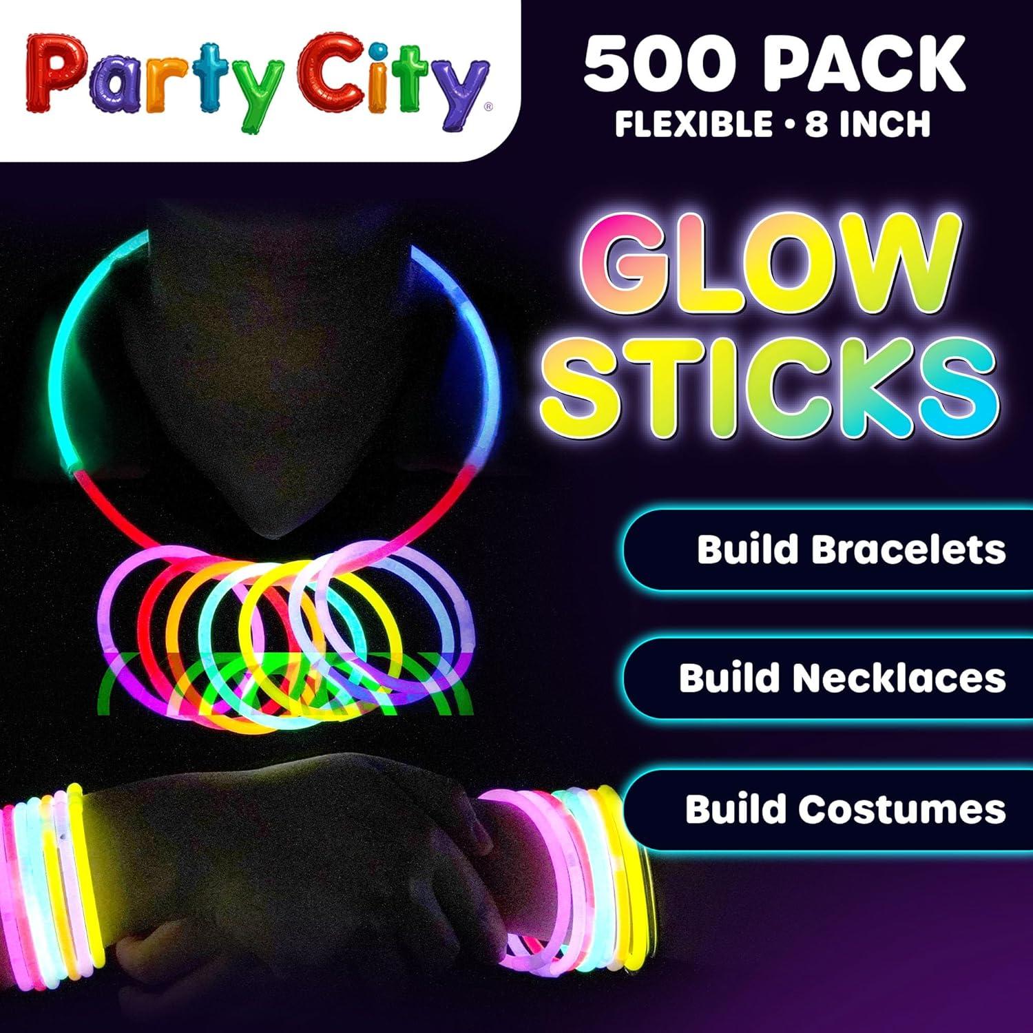 imageParty City 50 Glow Sticks Bulk Party Pack 8 Neon Glow in the Dark Party Supplies Glowsticks with Connectors Bracelets ampamp Necklaces Light Up Favors for Kids Adults Birthdays Parties Decorations500 8 Glow Sticks