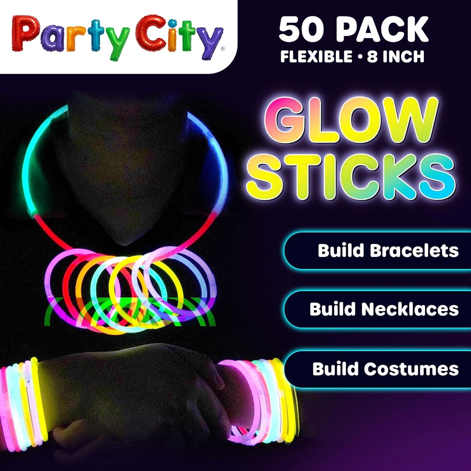 imageParty City 50 Glow Sticks Bulk Party Pack 8 Neon Glow in the Dark Party Supplies Glowsticks with Connectors Bracelets ampamp Necklaces Light Up Favors for Kids Adults Birthdays Parties Decorations50 8 Glow Sticks