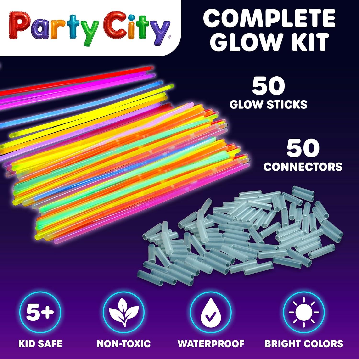 imageParty City 50 Glow Sticks Bulk Party Pack 8 Neon Glow in the Dark Party Supplies Glowsticks with Connectors Bracelets ampamp Necklaces Light Up Favors for Kids Adults Birthdays Parties Decorations50 8 Glow Sticks