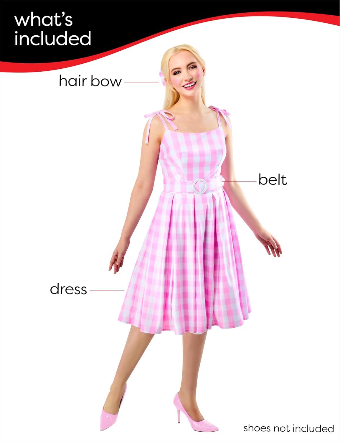 imageRubies Barbie Perfect Day Costume Dress in Pink from the Barbie Movie with Belt and Hair Bow For Adult Women