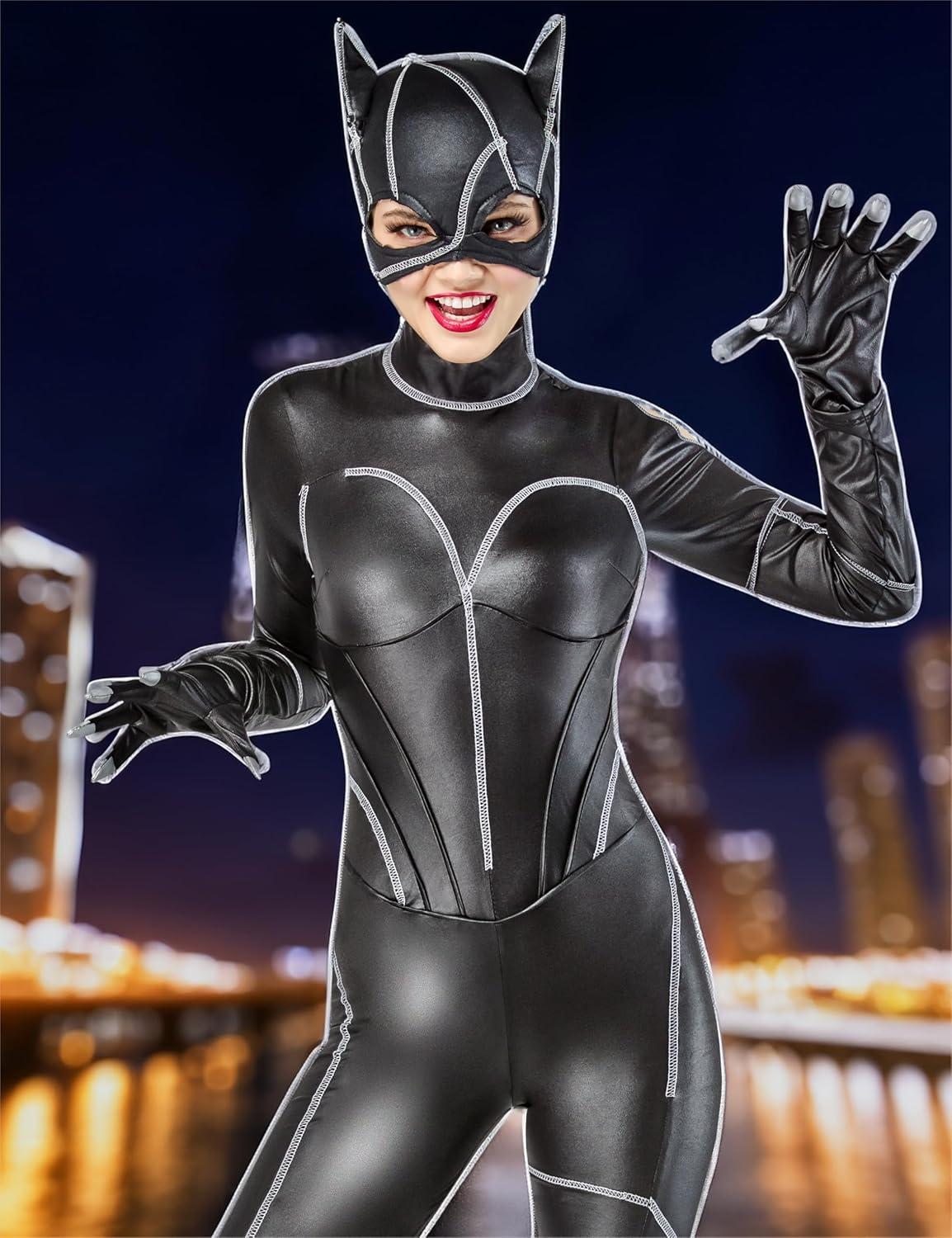 imageRubies Batman Returns Catwoman Deluxe Jumpsuit Costume with Mask and Gloves for Adults for Themed Parties and Halloween