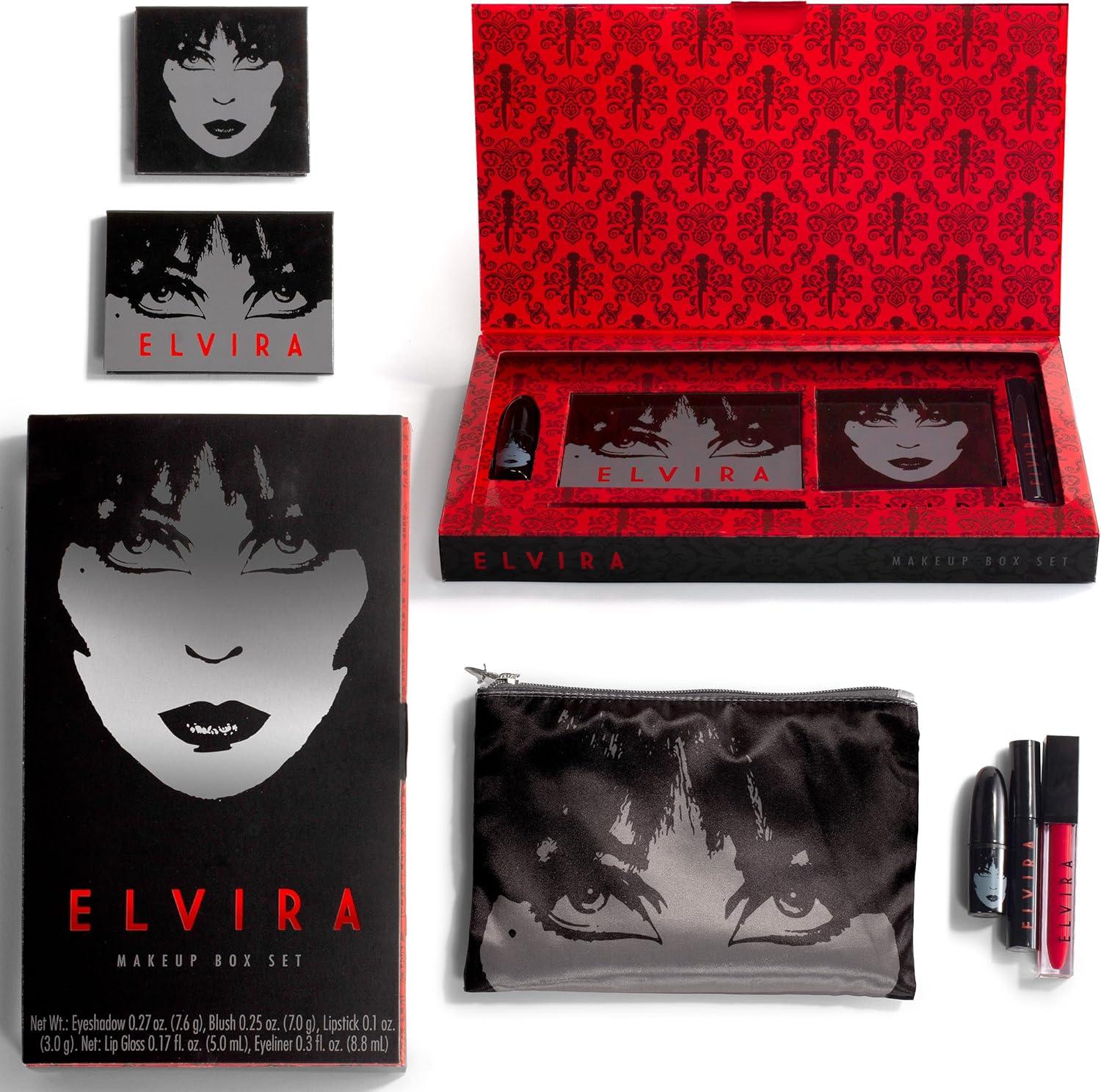 imageRubies Officially Licensed Elvira Makeup Kit Complete Makeup Set Eyeshadow Palette Lipstick Lip Gloss Black Eyeliner Blush Makeup Bag Premium Halloween Make Up for Adults Costume Makeup Kit