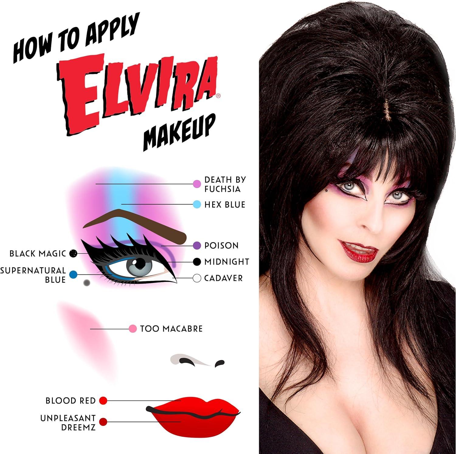 imageRubies Officially Licensed Elvira Makeup Kit Complete Makeup Set Eyeshadow Palette Lipstick Lip Gloss Black Eyeliner Blush Makeup Bag Premium Halloween Make Up for Adults Costume Makeup Kit