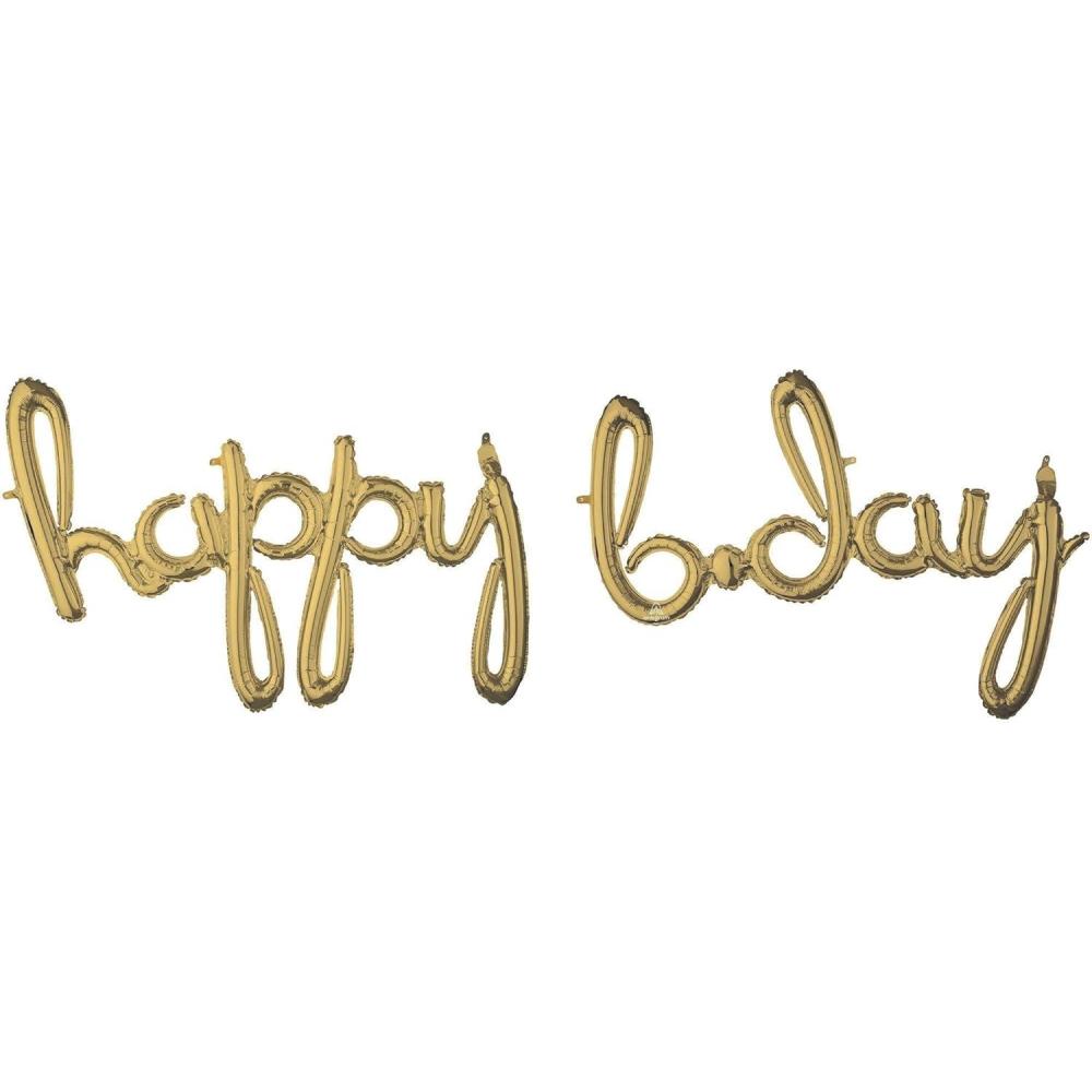imageAirFilled White Gold Happy BDay Letter Balloon Banner 2pc27H x 39W