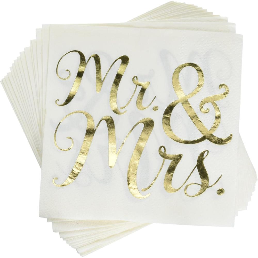 imageAmscan Elegant White ampamp Gold Paper Mr ampamp Mrs Hot Stamp Beverage Napkins  5quot x 5quot Pack Of 16  Unique Design  Perfect For Wedding Celebration