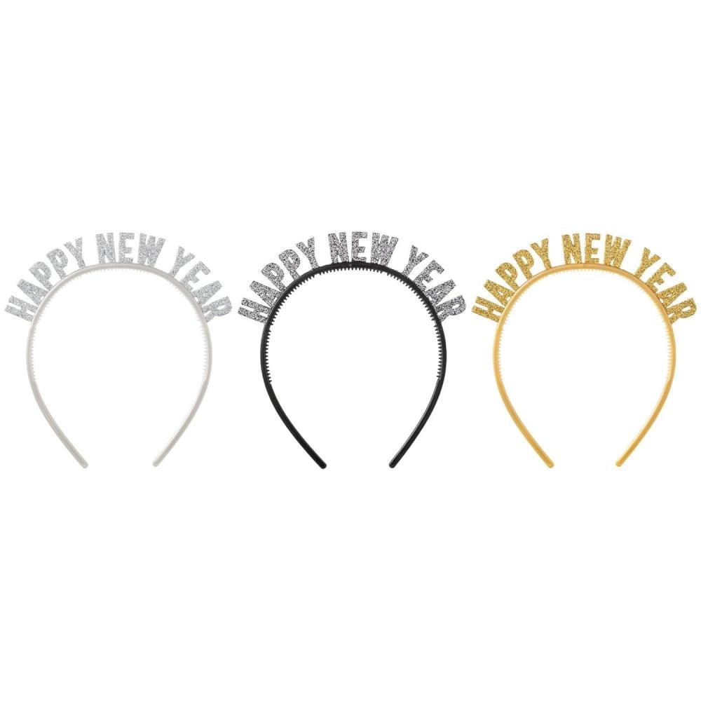 imageAmscan Happy New Year Glittery Headbands  61quot x 575quot  Plastic  Pack of 1Silver  Black   Gold