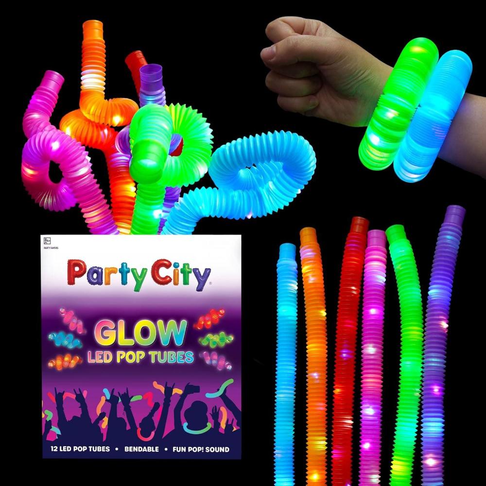imageParty City 12pk LED Light Up Pop Tubes 25 3 Mode Stretchy Tubes LED Light Up Toys Bulk Glow Sticks Party Favors for Kids Necklaces Bracelets Neon Glow in the Dark Supplies Fidget Sensory Tube Pack12 pcs Glow Pop Tubes