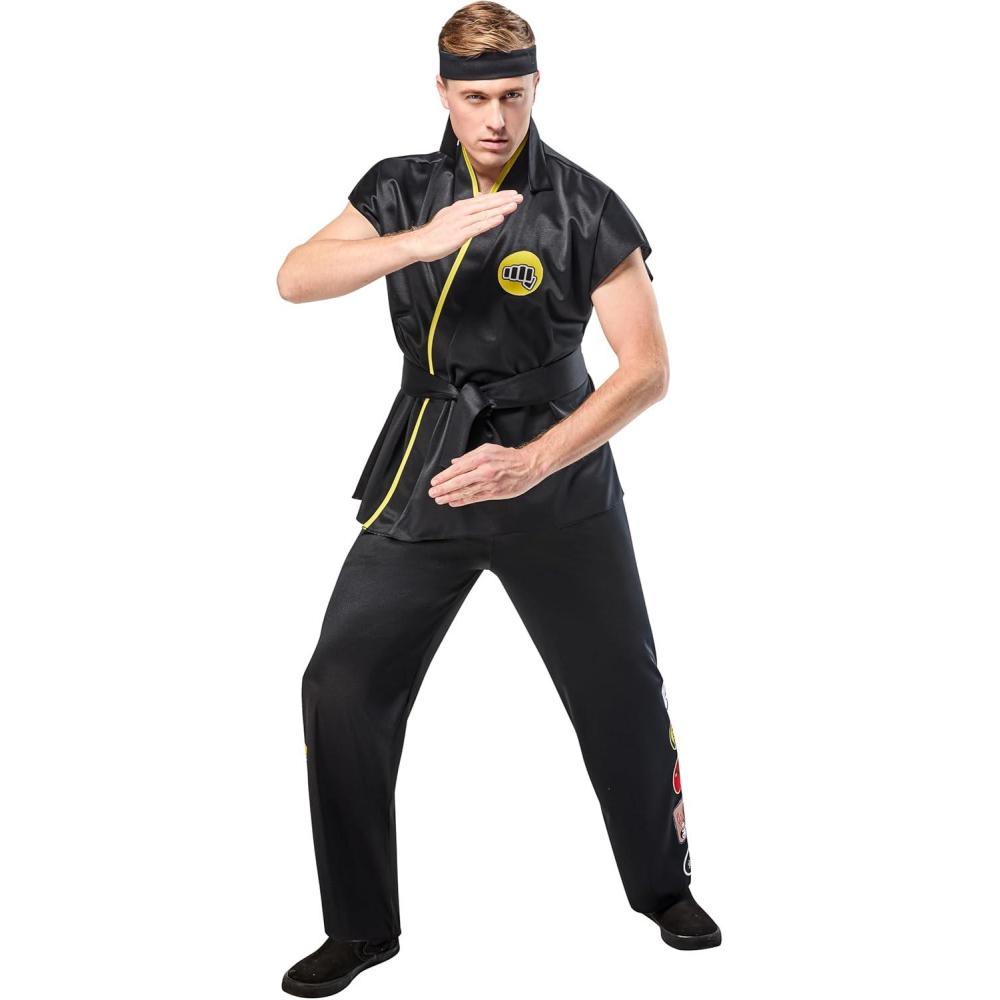 imageRubies Mens Mens Cobra Kai Karate Kid Gi Adult Costume Set With Black Karate Pants Jacket Headband ampamp BeltBlack  Yellow