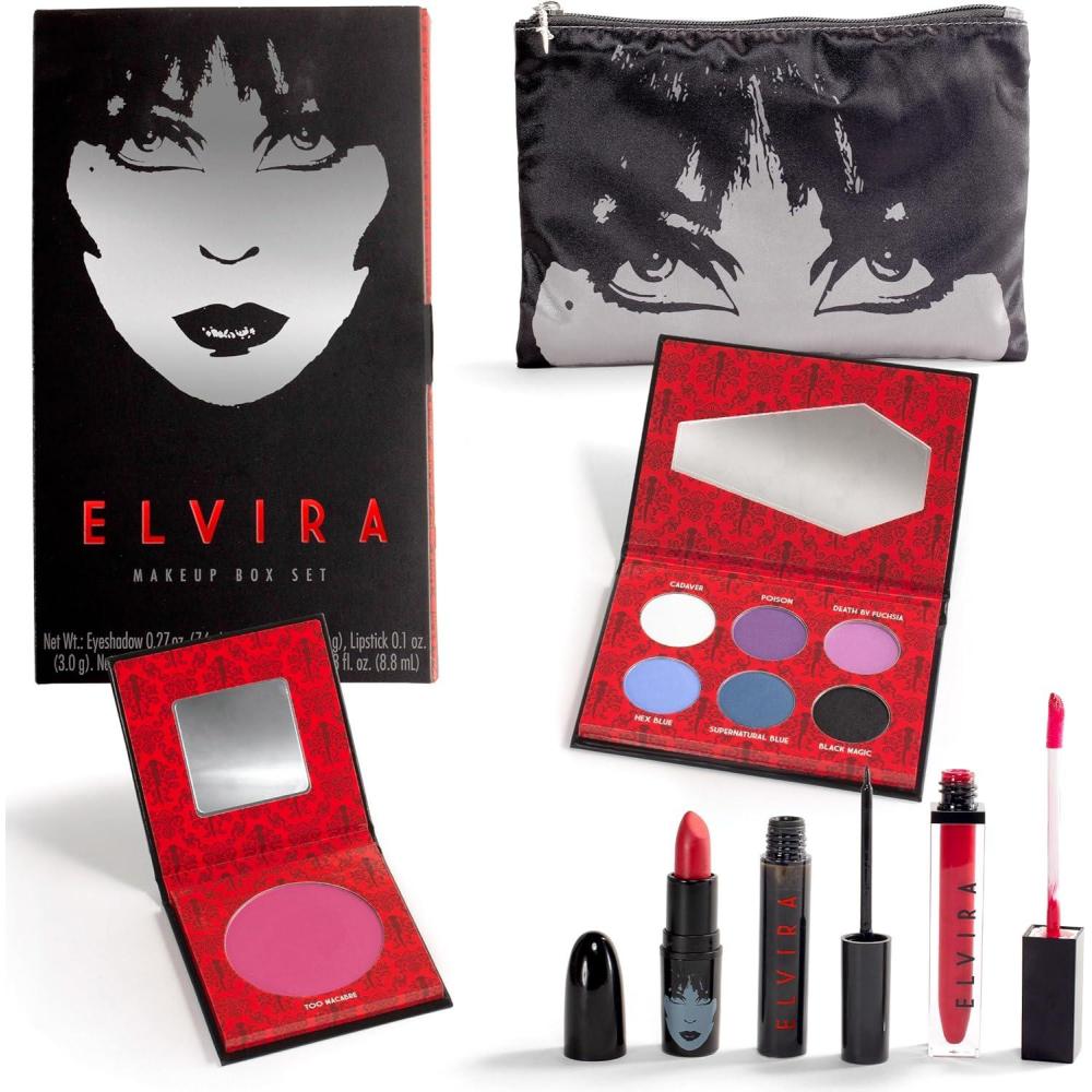 imageRubies Officially Licensed Elvira Makeup Kit Complete Makeup Set Eyeshadow Palette Lipstick Lip Gloss Black Eyeliner Blush Makeup Bag Premium Halloween Make Up for Adults Costume Makeup Kit