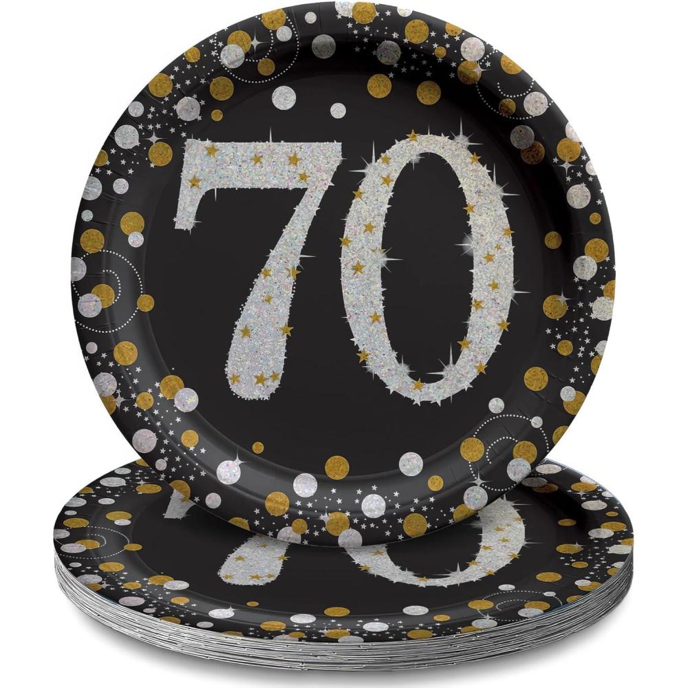 imageSparkling Celebration 70th Birthday Round Prismatic Party Plates 7quot Pack of 8  Elegant Black Silver ampamp Gold Tableware Perfect for Milestone Events