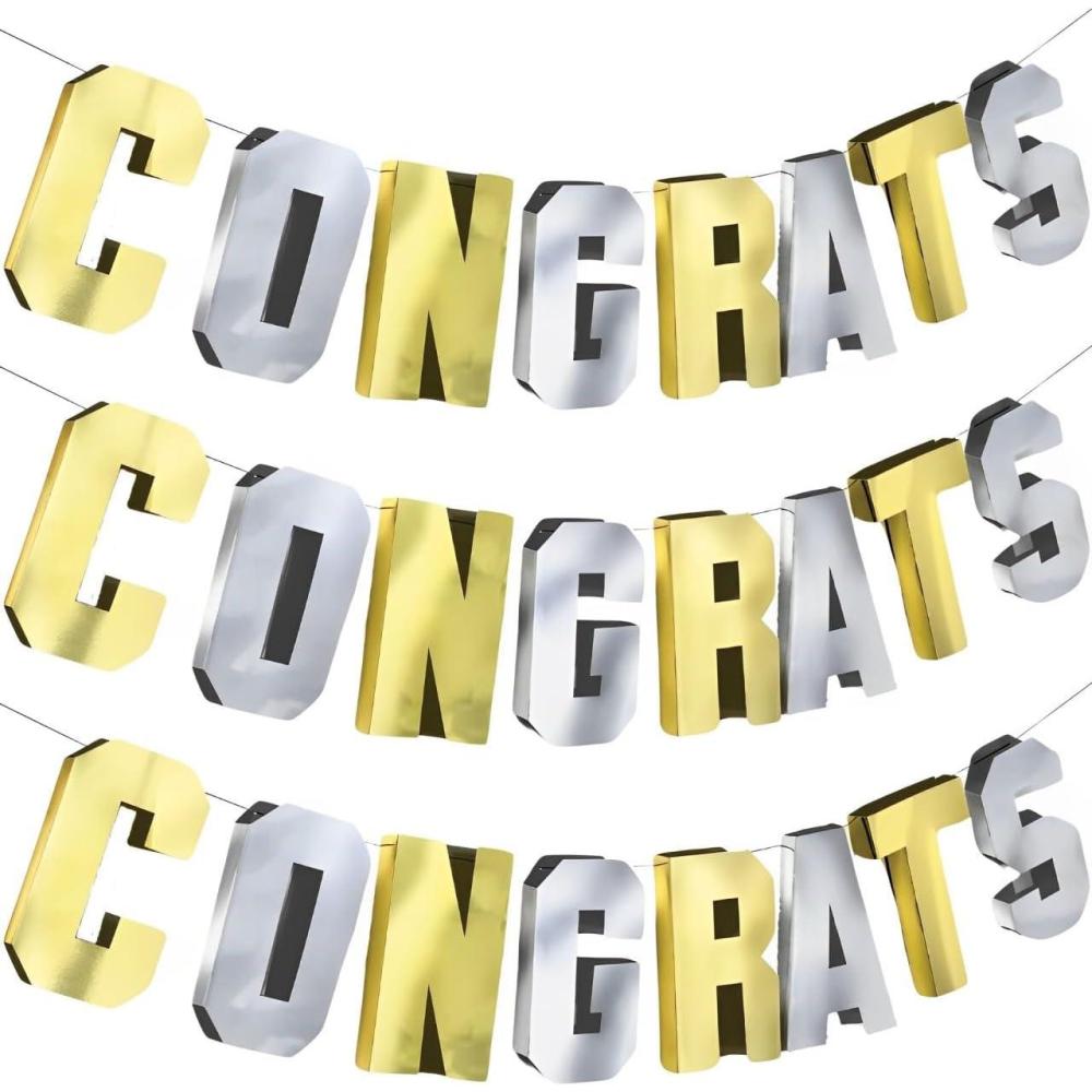 imageVibrant Grad quotCongratsquot Dimensional Banner 12quot Bold Silver ampamp Gold Color Perfect for Graduations or Celebratory EventsSet of 3