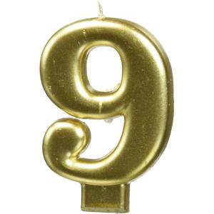 Amscan Birthday Celebration, Numeral #9 Metallic Candle, Party Supplies, Gold, 3 1/4″