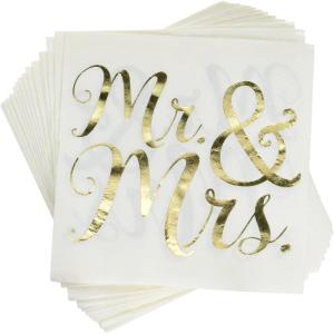 Amscan Elegant White & Gold Paper Mr. & Mrs. Hot Stamp Beverage Napkins – 5″ x 5″ (Pack Of 16) | Unique Design | Perfect For Wedding Celebration