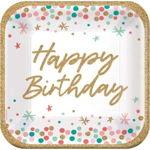 Amscan Happy Birthday Paper Square Plates – White | Pack of 18, 9″(9″)