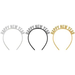 Amscan Happy New Year Glittery Headbands – 6.1″ x 5.75″ | Plastic | Pack of 1(Silver  Black  & Gold)