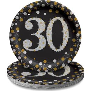 Amscan Sparkling Celebration 30th Birthday Round Prismatic Party Plates (7″) Pack of 8 – Elegant Black, Silver & Gold Tableware, Perfect for Milestone Events