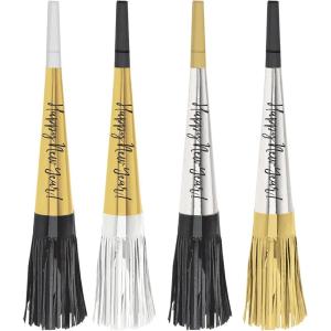 Black, Silver & Gold New Year Foil Fringe Horns – 9″ (8 Pieces) – Perfect for Your Unforgettable New Year’s Eve Celebration(Black  Silver  Gold)