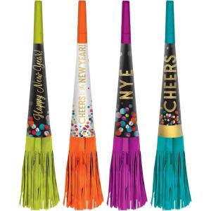 Black, Silver & Gold New Year Foil Fringe Horns – 9″ (8 Pieces) – Perfect for Your Unforgettable New Year’s Eve Celebration(Multicolor)