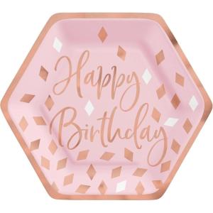 Blush Happy Birthday Hexagon Metallic Plates, 7″ (8-Pack) – Dazzling & Unique Party Plates, Perfect for Birthday Celebrations & Events(Blush Birthday)