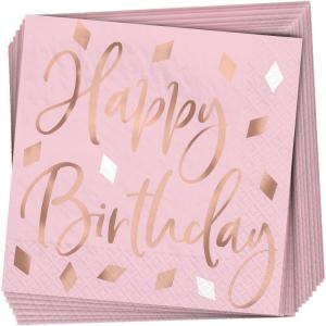 Blush Pink ‘Happy Birthday’ Hot Stamped Beverage Paper Napkins – Pack of 16 – Disposable, Perfect for Birthday Celebrations