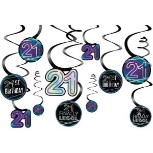 Finally 21 Spiral Decorations – Pack of 12 – Iridescent Hot-Stamped Foil Spirals with Cutouts – Perfect for 21st Birthday Celebration Decorations(Finally 21)