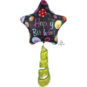 Giant Happy Birthday Star Balloon with Fringe Tail 31in