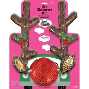 Glitzy Reindeer Car Kit (Pack of 3) – Eye-Catching Plush Antler and Nose Christmas Vehicle Decor, Perfect For Festive Celebrations & Holidays