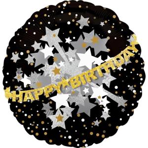 Happy Birthday Balloon – Prismatic Black, Gold & Silver, 32in