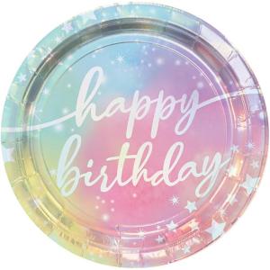Luminous “Happy Birthday” Iridescent Round Plates, 9″ (8 Count) – Dazzling & Premium Party Tableware, Perfect for Birthday Celebrations