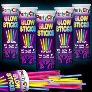 Party City 50 Glow Sticks Bulk Party Pack 8”– Neon Glow in the Dark Party Supplies, Glowsticks with Connectors Bracelets & Necklaces, Light Up Favors for Kids, Adults, Birthdays, Parties, Decorations(500 8″ Glow Sticks)