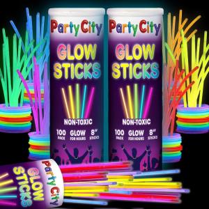 Party City 50 Glow Sticks Bulk Party Pack 8”– Neon Glow in the Dark Party Supplies, Glowsticks with Connectors Bracelets & Necklaces, Light Up Favors for Kids, Adults, Birthdays, Parties, Decorations(200 8″ Glow Sticks)