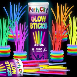Party City 50 Glow Sticks Bulk Party Pack 8”– Neon Glow in the Dark Party Supplies, Glowsticks with Connectors Bracelets & Necklaces, Light Up Favors for Kids, Adults, Birthdays, Parties, Decorations(50 8″ Glow Sticks)