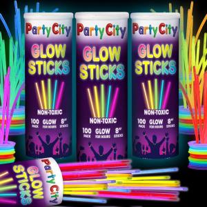 Party City 50 Glow Sticks Bulk Party Pack 8”– Neon Glow in the Dark Party Supplies, Glowsticks with Connectors Bracelets & Necklaces, Light Up Favors for Kids, Adults, Birthdays, Parties, Decorations(300 8″ Glow Sticks)