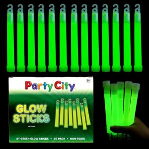 Party City Green Glow Sticks Bulk Pack 6”- 25pk Glow in the Dark Sticks for Kids, Waterproof Camping Survival Ultra Bright Emergency Light Stick with String, Neon Glowsticks Party Supplies Favors(50 Pack Green)