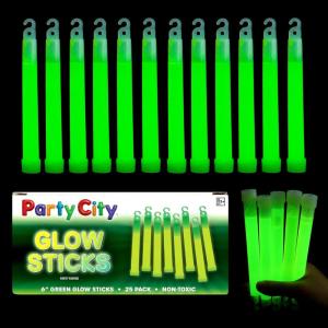 Party City Green Glow Sticks Bulk Pack 6”- 25pk Glow in the Dark Sticks for Kids, Waterproof Camping Survival Ultra Bright Emergency Light Stick with String, Neon Glowsticks Party Supplies Favors(25 Pack Green)
