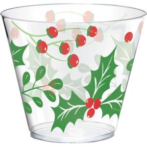 Plastic Tumblers – 9 oz (Pack of 40) – Sturdy, Reusable, and Unique Design – Perfect for Festive Gatherings, Parties & Events, Snowflake(Holly)