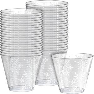 Plastic Tumblers – 9 oz (Pack of 40) – Sturdy, Reusable, and Unique Design – Perfect for Festive Gatherings, Parties & Events, Snowflake(Snowflake)