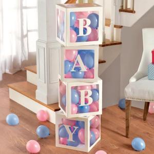 Pop-Up Multicolor Baby Blocks With Balloons – 4 Boxes & 68 Balloons (1 Set) – Perfect For Birthdays, Baby Showers, & Gender Reveal