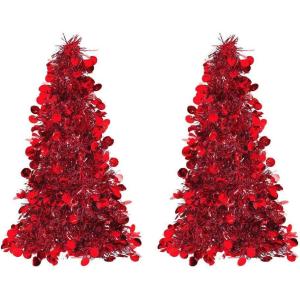 Red Tinsel Christmas Tree Table Centerpiece – 10in. – Quantity of 2