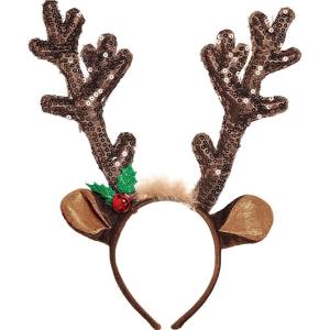 Sparkling Brown Sequined Antler Headband – 15″ x 14″ – Chic Hair Accessory – Perfect for Holidays & Unique Events