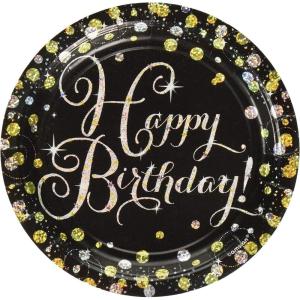 Sparkling “Happy Birthday” Celebration Round Prismatic Plates, 7″ (Pack of 8) – Dazzling Black, Silver & Gold Party Plates, Perfect for a Sophisticated Birthday Bash