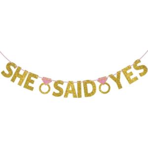 Sparkling “She Said Yes” Wedding Letter Banner – 6″ Letters with 12′ Ribbon | Stunning Gold & Pink Glittered Paper | Perfect for Engagement Celebrations & Bridal Showers(Pack of 1)