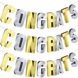Vibrant Grad “Congrats” Dimensional Banner – 12″ Bold Silver & Gold Color, Perfect for Graduations or Celebratory Events(Set of 3)